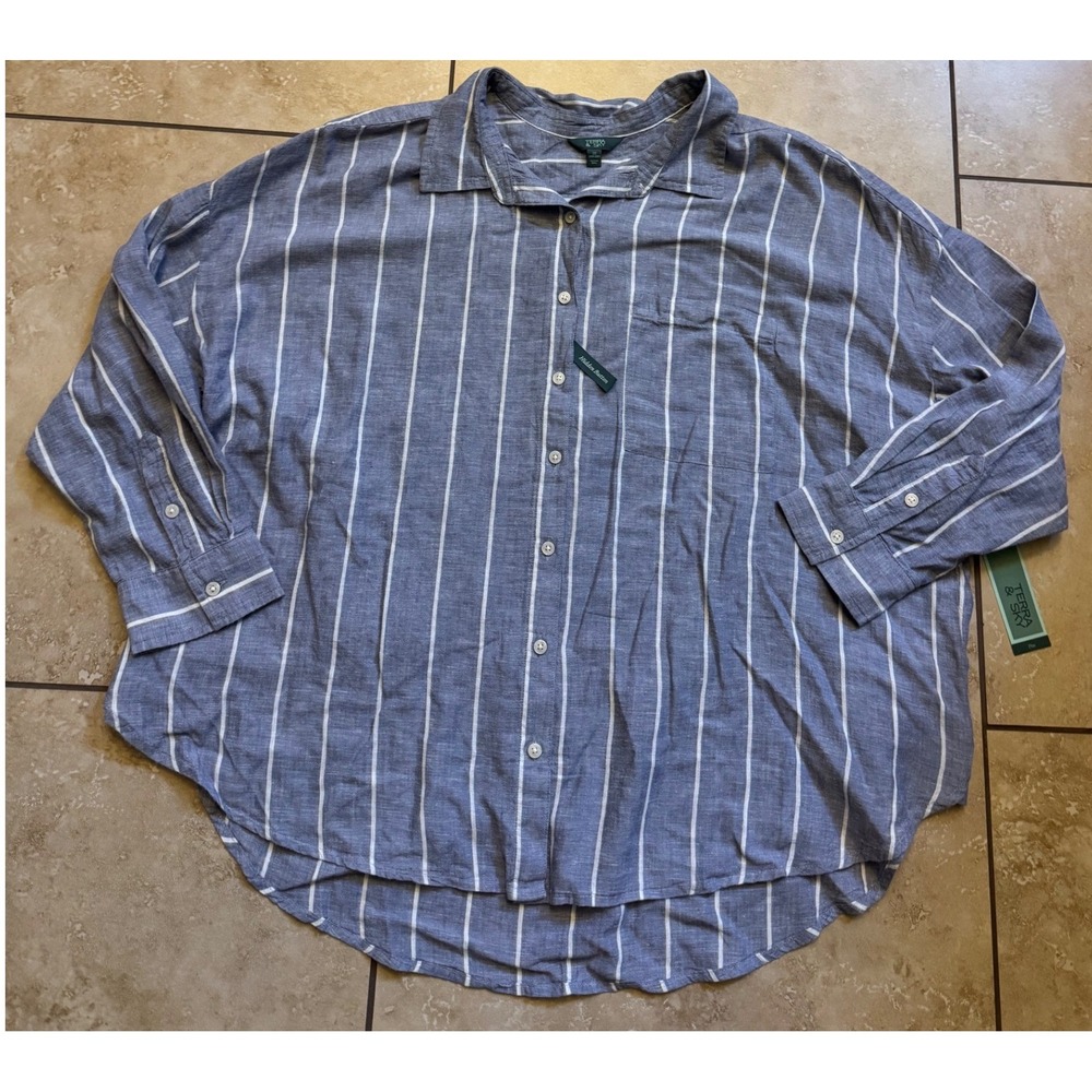 Terra & Sky Boyfriend Shirt Women 2X Linen Blend Blue White Striped LS NEW